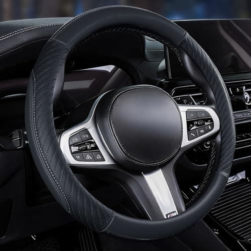 Image of Car Steering Wheel Cover Leather - Soft Microfiber Steering Wheel Cover Universal Size M 37-38cm /14.5-15inch, Anti-slip, Breathable, Black