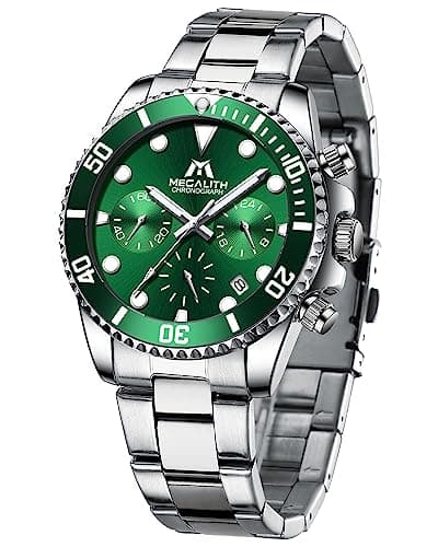 Image of MEGALITH Mens Watch Chronograph Silver: Stainless Steel Watches for Men Quartz - Green Face Mens Wrist Watch with Date Luminous Waterproof