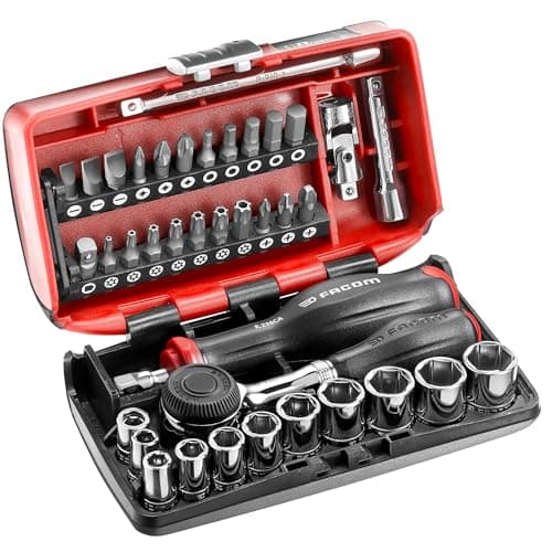 Image of FACOM NANO 38 Piece 6-Point 1/4 Inch Metric Compact Complete Screwing and Tightening Set with R.360NANOPB Quick Action 360 Rotary Handle Ratchet, Red, 6 Point Metric