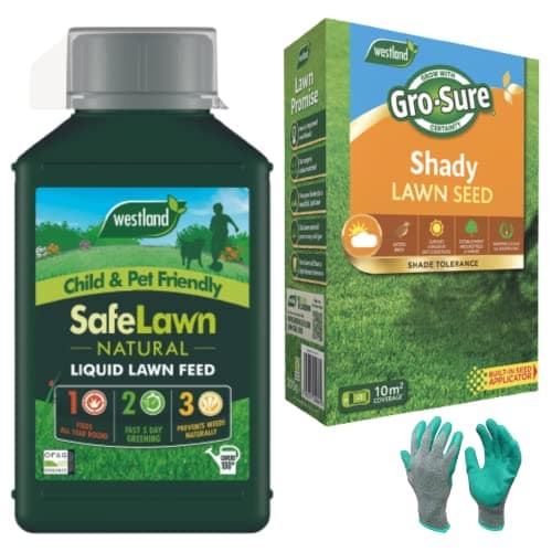 Image of Safe Lawn Feed Seed Bundle with Westland Safe Liquid Feed 1L & Shady Lawn Seed 10 m2, 300g & 1 pr Gardening Gloves Medium - Lush Green Grass, Child & Pet Friendly