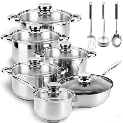Image of Colourcoco Stainless Steel Pan Set - 15-Piece Non Stick Pots and Pans Set with Quick Even Heating, Non Stick-Free Cookware, Induction Pan Set Oven Safe with Stay-Cool Handle