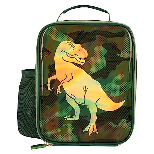 Image of Polar Gear Camouflage Insulated Lunch Bag - 600D Polyester, Side Mesh Pocket, Carry Handle - Food Safe Reusable Thermal Cooler Keeps Food Warm/Cold for School, Snacks, Picnics - Green Dinosaur Design