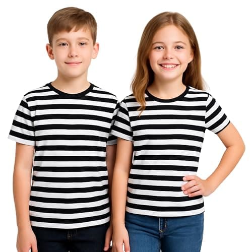 Image of FNA FASHIONS Children's Unisex Striped T-Shirts - Soft Cotton Short Sleeve Tees for Boys & Girls, Casual Everyday Wear - Sizes 5-13 Years (UK, Age, 7 Years, 8 Years, Regular, Standard, Black&White)