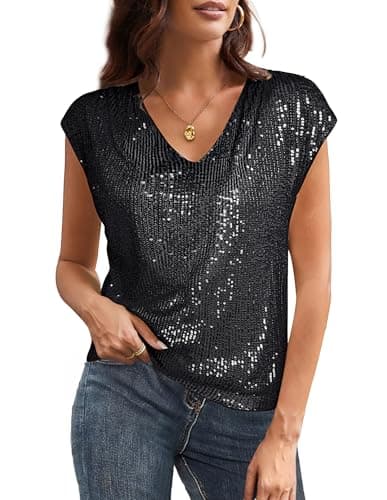 Image of GRACE KARIN Women’s Sequin Top Winter Xmas Short Sleeve V-Neck Sequin Glitter Shirt Casual Classic Blouses for Women UK XL Size 18 Black