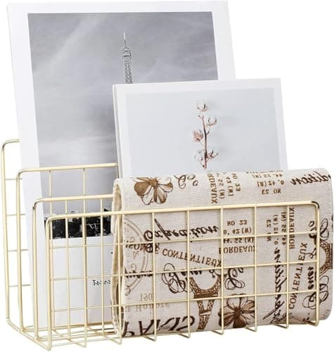 Image of Desktop Mail Organizer, 3-Slot Metal File Sorter, Gold Wire Letter Holder for Mails, Books & Postcards - Space-Saving Office & Home Document Storage (Magazine/Book Rack)