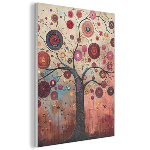 Image of Colourful Tree Art Painting Abstract Wall Art with Coloured Circles and Flowers for Living Room Decoration Canvas Picture Modern Art Style (30 x 50 cm, No Frame)