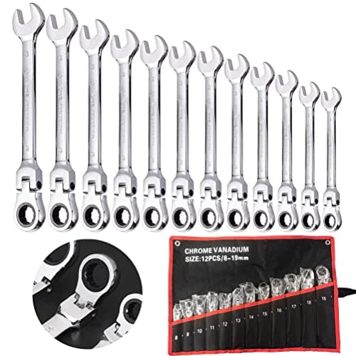 Image of 12PCS Flexible Ratchet Spanner Set, 8~19mm Metric Combination Wrench Set With Roll Bag, Flex Head Gear Ring Ratchet Spanner Kit, Chrome Vanadium Steel, Diy Hand Tools For Home, Bike, Car Repairs