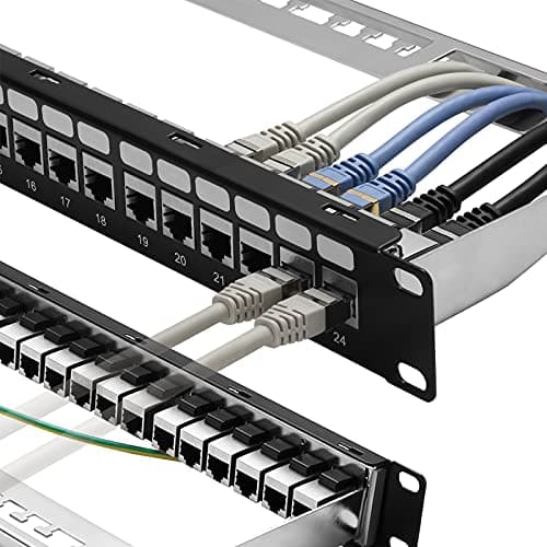 Image of Rapink Patch Panel 24 Port Cat6A with Inline Keystone 10G Support, Coupler Patch Panel STP Shielded 19-Inch with Removable Back Bar, 1U Network Panel for Cat7, Cat6, Cat6A, Cat5e