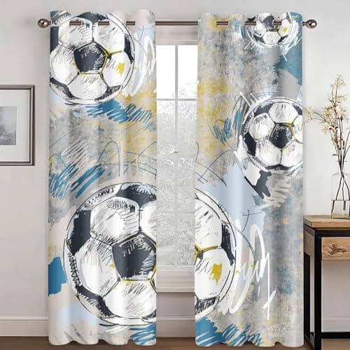 Image of WEQEER Football Pattern Eyelets Curtains - 3D Blue and Colorful Blackout Curtains for Boys Bedroom (8.100 x 140 cm (2 x 50 x 140 cm))