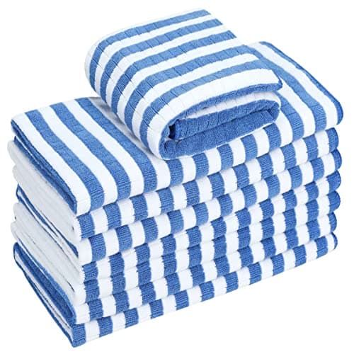 Image of gryeer 8 Pack Microfibre Tea Towels, Super Absorbent, Soft and Thick Kitchen Towels, Check designed with Hanging Loops, 65 x 45 cm, Blue