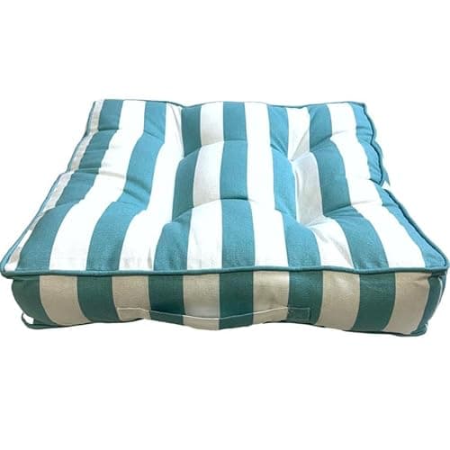 Image of Ragged Rose Striped Green and White Showerproof Garden Seat Cushions (Duck egg blue)