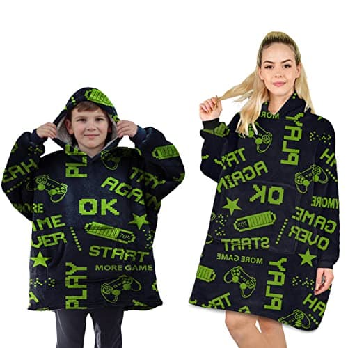 Image of ALLEN & MATE Hoodie Blanket Ultra Soft Warm Cosy Sherpa Fleece Oversized Sweatshirt for Boys Girls Teens Women Men Adults (Black Gaming, 9-14 Years)