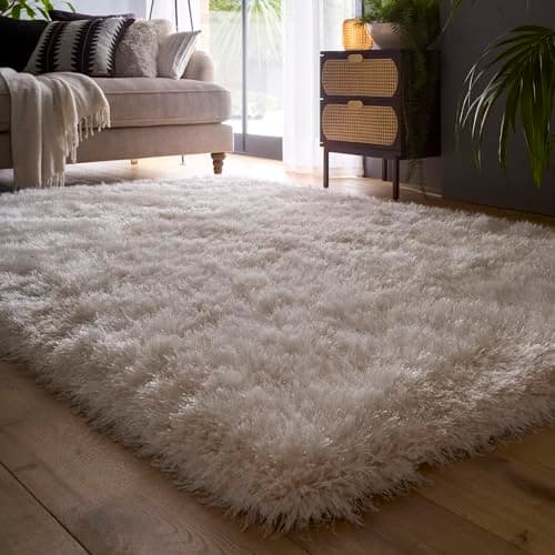 Image of Lord of Rugs Modern Plain Shaggy Rug Silky Shiny High Pile Super Soft Bedroom Living Room Fluffy Thick Rug Ivory Medium 120x170 cm (4'x5'6")