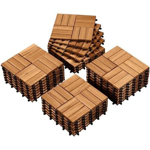 Image of Yaheetech 1 pack Acacia Wood Interlocking Patio Deck Tiles, Waterproof Solid Flooring Tiles for Indoor Outdoor, 31 cm W × 31 cm L Garden Deck for Patio Garden Poolside All Weather Use, Total 27pcs