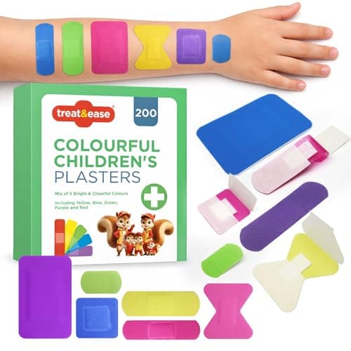 Image of SOL 200pk Colourful Children's Plasters - Fun, Bright, Coloured Kids Plasters for Boys, Girls, Toddlers, and Babies - Washproof Assorted in Various Shapes and Sizes - Ideal for Kids First Aid Kits