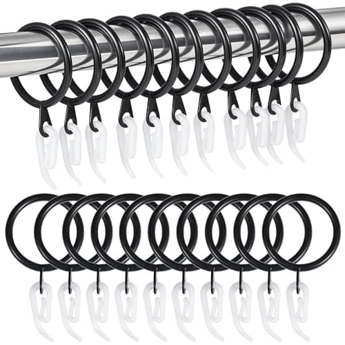 Image of 24 Pieces black metal curtain rings and 24 Pieces white plastic Curtain Hooks for curtains (30mm internal diameter)