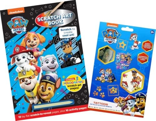Image of Anila's Paw Patrol Scratch Art Book, 10 Lay Flat Scratch-to-Reveal Pages and 10 Activity Pages, Plus Paw Patrol Tattoos, 30 x 20.5 cm.