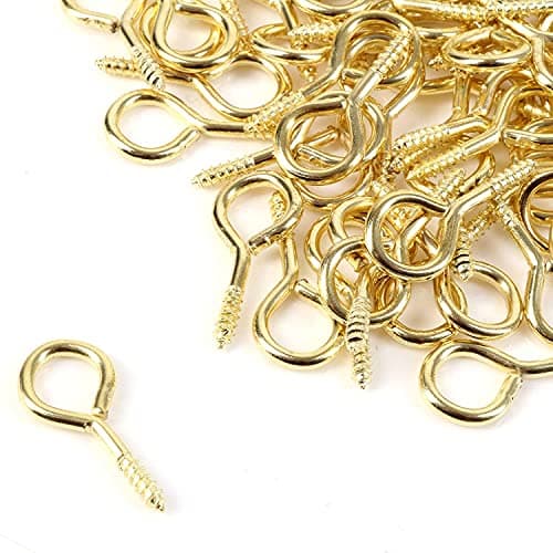 Image of SISI UK Eye Screw Hooks Brass Plated Steel Eyes Bolts Screw-in Hooks 19mm Long (6mm Eye Diameter) Gold Screw in Findings Ideal for Hanging Frames & Ornaments Pack of 100.