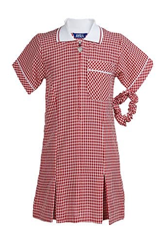 Image of Ayra - Girl's School Uniform Pleated Gingham Summer Dress with Hair Bobble (Scrunchie) (Red, Age 6)