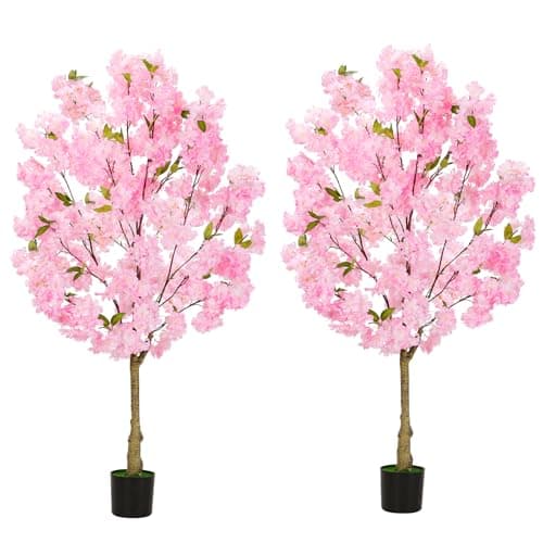 Image of ABQ 2 Pack Artificial Cherry Blossom Tree, Fake Plants Indoor Decor, Faux Pink Sakura Flowers for Living Room Home House Entryway Bedroom Office Inside Decorations, 120cm