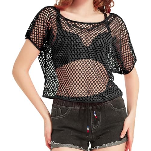 Image of 80s Fancy Fishnet Top for Women, Neon Mesh Top Off the Shoulder T-shirt 1980s Retro Theme Party Costume Accessories Cosplay
