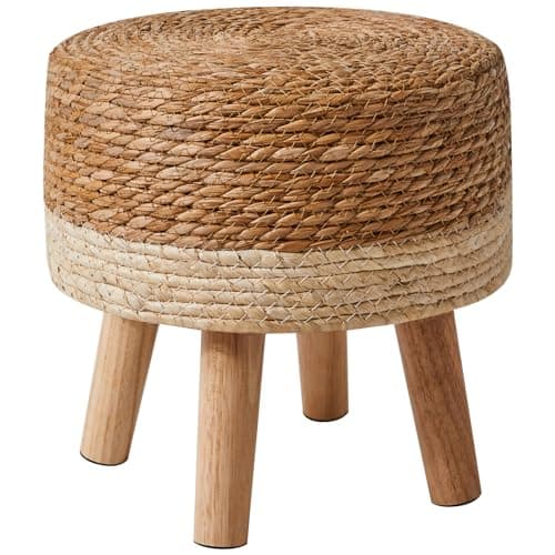 Image of YMYNY Footstool Natural Seagrass Hand Weave Pouffe, Foot Stool Ottoman, Padded Foot Rest with Non-Skid Pine Legs, Wooden Sofa Stools, for Living Room, Bedroom, 32×32×32CM, Beige HBD027W