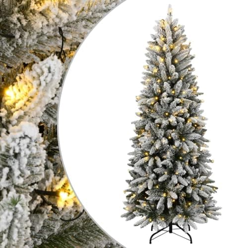 Image of vidaxl artificial christmas tree 120 cm with 150 warm white LEDs - flocked snow and hinged branches, green & white