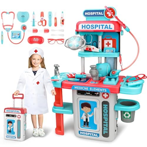 Image of deAO 2 in 1 Kids Doctor Playset, Pretend Medical Station, Hospital Carrycase Play Set with Medical Instruments Stethoscope Lights, Educational Role Play Toys for 3+ Kids Christmas Birthday Gifts(Pink)