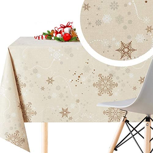 Image of KP HOME Wipe Clean Tablecloth Rectangular 78.7x55.1 In (200x140cm) Beige Waterproof Christmas Plastic Table Cloth With Gold & White Snowflakes - Wipeable PVC Large 6 Seat Oilcloth Table Cover for Xmas