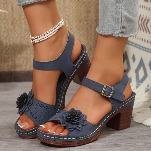 Image of Generic Women's Wide Fit Low Heeled Floral Wedge Sandals, Navy, Size 3.5 UK, 2 Inch Heel, Ankle Strap, Summer Casual Sandals