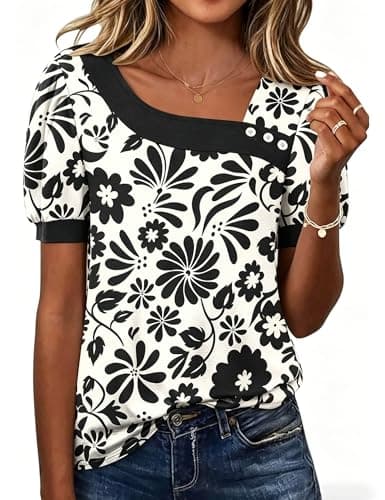 Image of Rapbin Ladies Tops Puff Short Sleeve T-Shirt Elegant Asymmetrical Neck Blouse Buttons Shirt Summer Ladies Tops for Leggings Apricot-Black Floral XXL