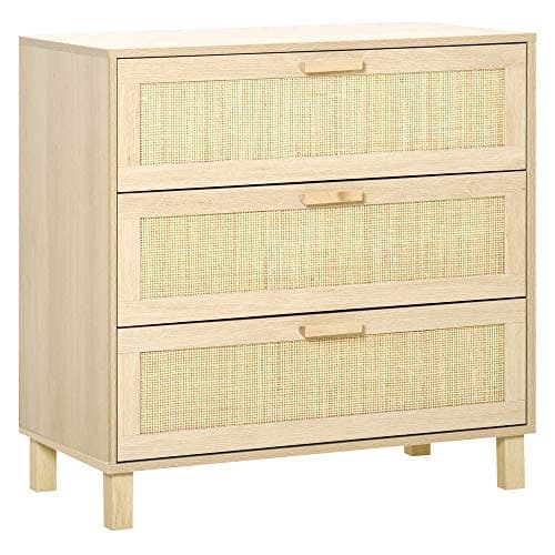 Image of HOMCOM Rattan Bedroom Chest of Drawers, 3 Drawers Storage Unit, Boho Dresser for Living Room, Hallway, Natural