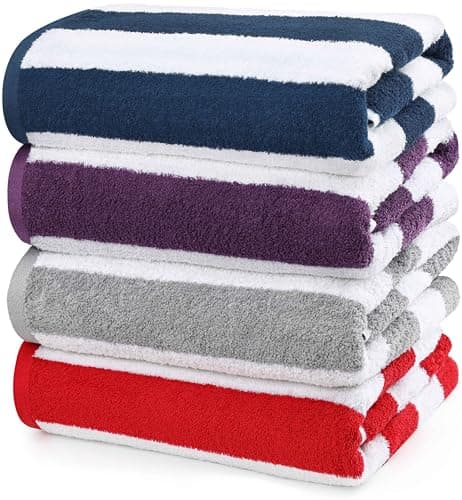 Image of Utopia Towels Cabana Stripe Beach Towels (76 x 152 cm) - 100% Ring Spun Cotton Large Pool Towels, Soft and Quick Dry Swim Towels (Pack of 4) (Red, Navy, Grey, Plum)