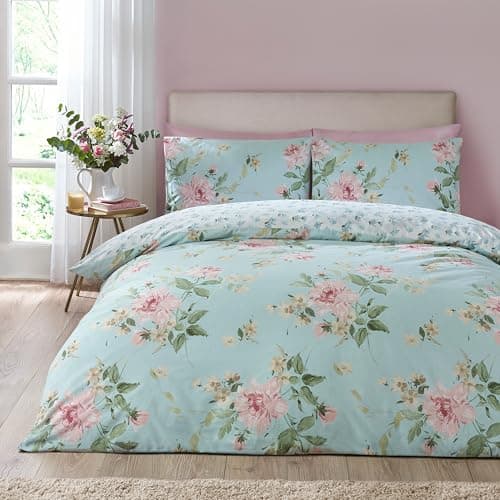 Image of Catherine Lansfield Avebury Floral Reversible Single Duvet Cover Set with Pillowcase Duck Egg Blue