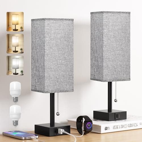 Image of Aooshine Bedside Lamps Set of 2, Bedside Lamps with USB A+C Ports, Table Lamps for Bedroom with 3-Color Modes, Pull Chain Lamp with Grey Square Fabric Shade for Bedroom Living Room (Bulb Included)