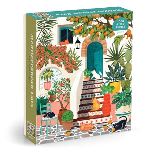 Image of Galison Mediterranean Cats – 1000 Piece Jigsaw Puzzle Featuring Beautiful Artwork Of A Citrus Inspired Stoop With Cats