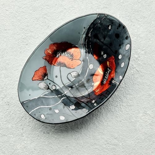 Image of Sienna Glass Oval Bowl – Wild Poppy Design – Handcrafted 24.5cm x 17cm x 5cm Decorative Glass Bowl – Elegant Centerpiece for Serving Salads, Pastas, or as Home Décor Accent