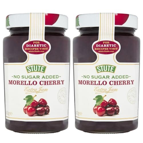Image of Stute No Added Sugar Morello Cherry Jam 430g Pack of 2 Natural Berry Fruit Sweet Spread Low Calorie Preserve Cream Tea Marmolade with Welari Thank You Card | (2pack) (860g)