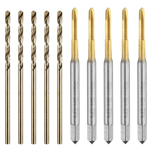 Image of sourcing map Tap and Drill Bit Set, 5pcs M2 x 0.4 Metric Spiral Point Thread Screw Taps & 5pcs 1.6mm Twist Drill Bits, Titanium Coated/Roasted Yellow HSS-6542/M35 HSS-CO Tapping Threading Tool