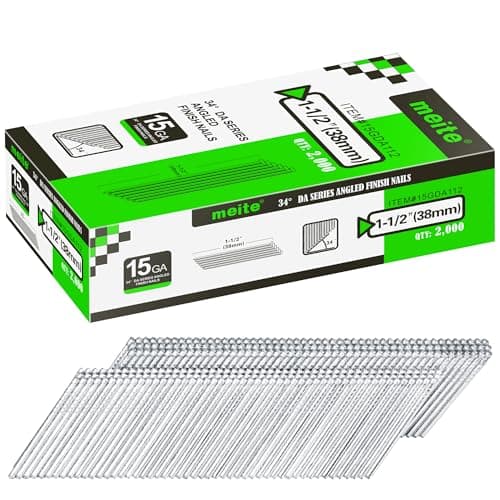 Image of meite DA38 Type 15G / 38 mm Angled Finish Nails, 15 Gauge 34 Degree Galvanised Angled Finishing Nails for Nail Guns - Ideal for Woodworking, Upholstery, and Framing Projects (2,000 Counts)