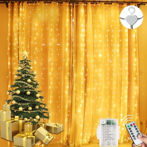 Image of 300LED 3m*3m Curtain Lights Battery Operated - 8 Modes Curtain Fairy Lights Indoor with Remote Control/Timer/Adjustable Brightness for Window/Christmas/Bedroom/Wall(Warm White)