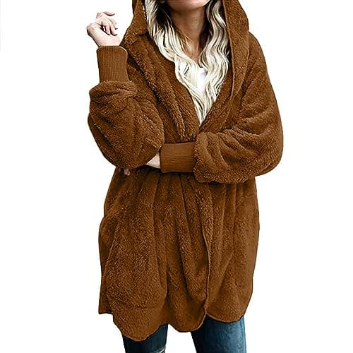 Image of Flodxo Women's Coats Fuzzy Fleece Hoodie Long Cardigans for Women UK Sherpa Fluffy Open Front Sweatshirts Long Sleeve Soft Teddy Plush Sweater Oversized Warm Winter Hooded Jacket Outwear Brown L
