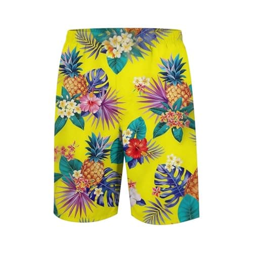 Image of Men's Casual Drawstring Waist Relaxed Fit Printed Shorts Summer Lightweight Beachwear with Elastic and Loose Leg Design Yellow L