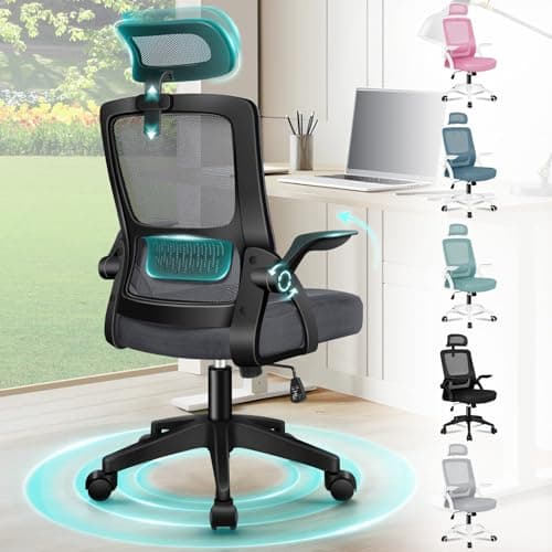 Image of ELFORDSON Ergonomic Office Chair, Mesh Desk Chairs with Headrest Lumbar Support, Executive Computer Swivel Chairs with Flip-up Armrests, Comfy Seat, Height Adjustable, Rocking for Home, Dark Grey
