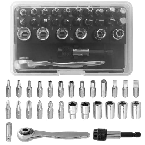 Image of Mesee 28-Piece Mini Screwdriver Bit & Socket Set with Right Angle Ratchet Wrench and Extension Bar, CR-V Metric Driver Sockets 1/4" Hex Shank Multi-Bit Torx Sloted Hexagon Pozidrive Phillips Bits