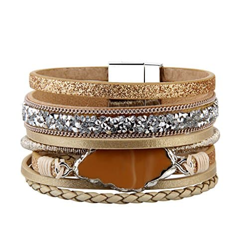 Image of COOLLA Braided Wrap Bracelet Agate Stone Crystal Leather Cuff Bangle Women Bracelet (Beige leather bangle)