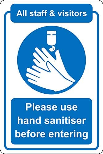 Image of All staff and visitors please use hand sanitiser before entering Safety sign - Self adhesive sticker 300mm x 200mm