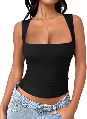 Image of Fumxincg Women's Square Neck Sleeveless Crop Top - Wireless Double-Layer Tank Vest for Gym, Workout & Casual Breathable Skinny Fit (UK, Alpha, XS, Regular, Regular, Black)