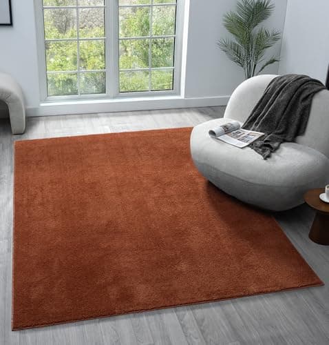 Image of Rugs by Desire Comfy Washable Modern Living Room Rug Polyester Plain Indoor Area Rug with Low Pile - Anti-Slip Felt Backing SuperSoft Carpet Bedroom-Hallway, Terracotta, 60x100 cm