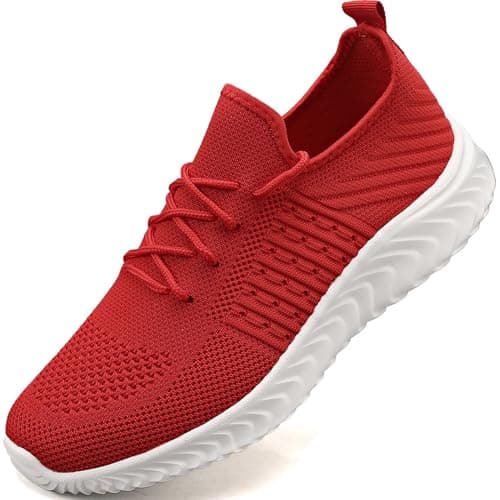 Image of WELLACE Men's Trainers Running Shoe Gym Shoes for Men Sneakers Slip On Walking Fashion Breathable Mens Shoes Red Mens Size 9 UK